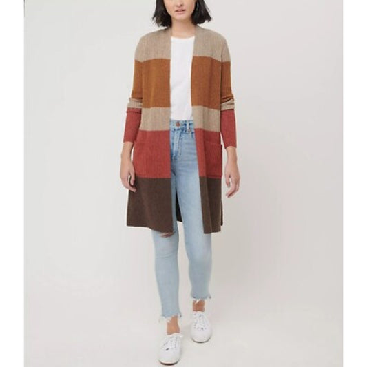 LOFT Colorblock Patch Pocket Open Front Ribbed Cardigan Sweater Multi Small