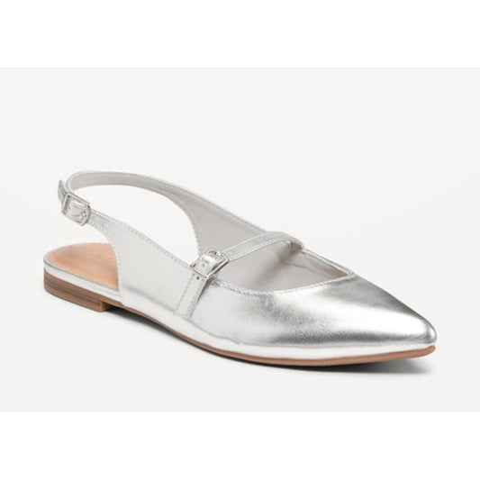 Antonio De Faria Anna Leather Slingback Mary Jane Pointed Toe Flats Silver 9