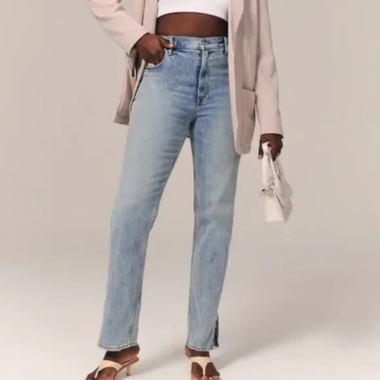 Abercrombie The 90's Straight Leg Ultra High Rise Slit Hem Jeans Blue 32 / 14 L
