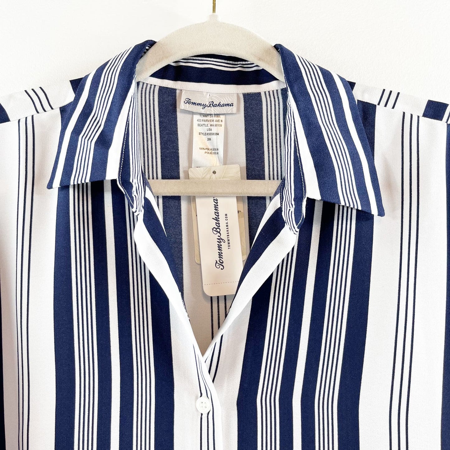 Tommy Bahama Tan Lines Striped Boyfriend Button Down Tunic Shirt Blue L/XL