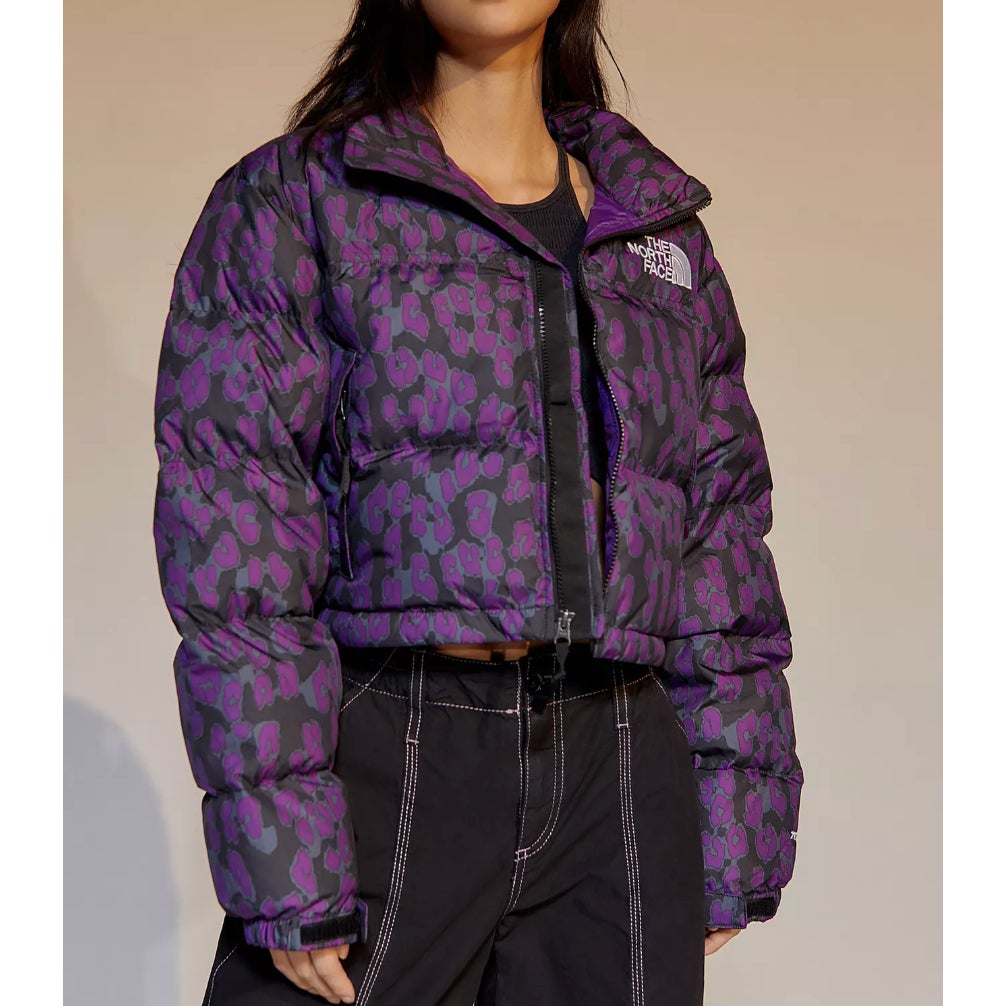 The North Face Purple Leopard Nuptse Cropped Puffer Jacket Small
