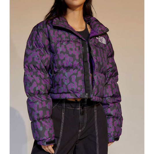 The North Face Purple Leopard Nuptse Cropped Puffer Jacket Small