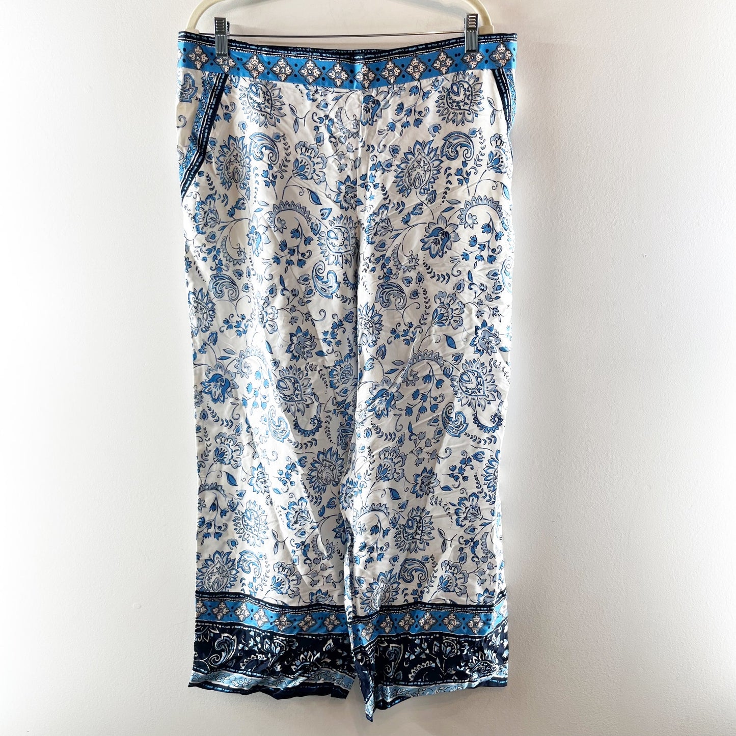 Loft Fluid Paisley Floral High Waisted Wide Leg Satin Pants White Blue XL