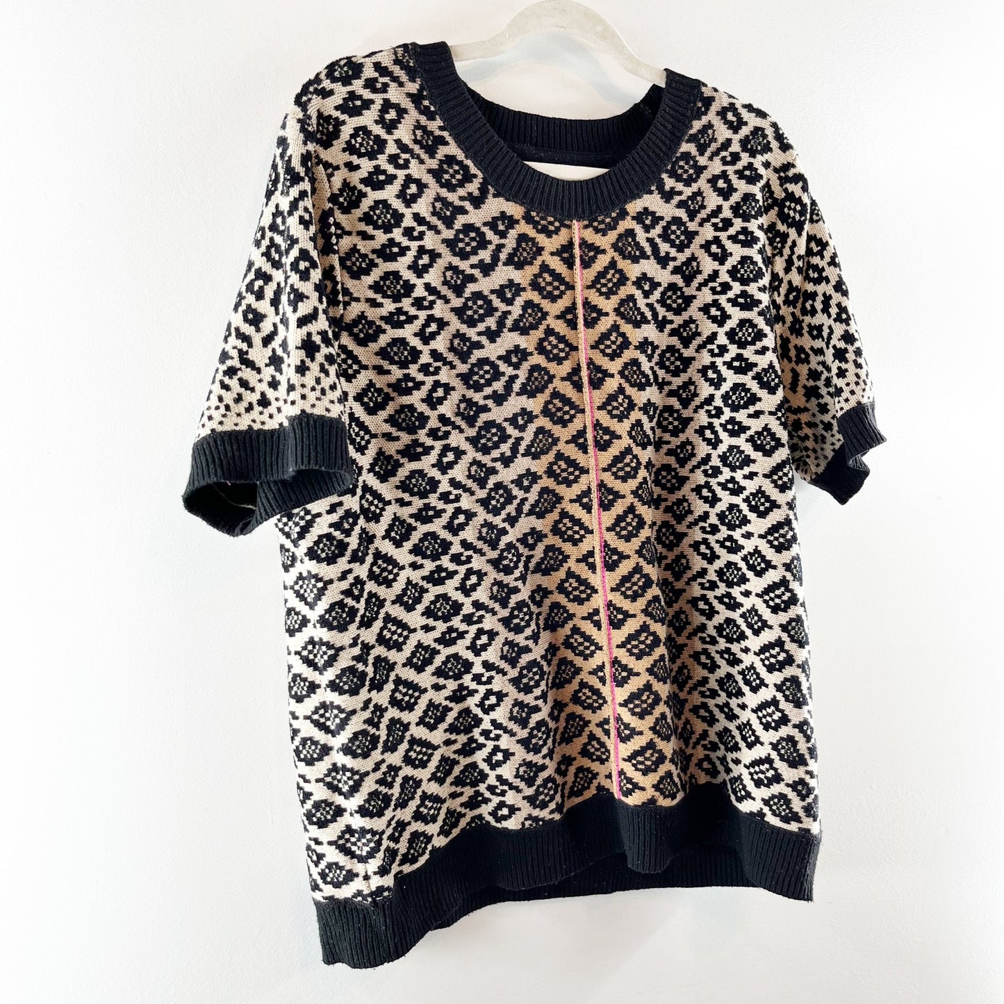 Anthropologie Maeve Ellinor Short Sleeve Leopard Sweater Brown Black XL