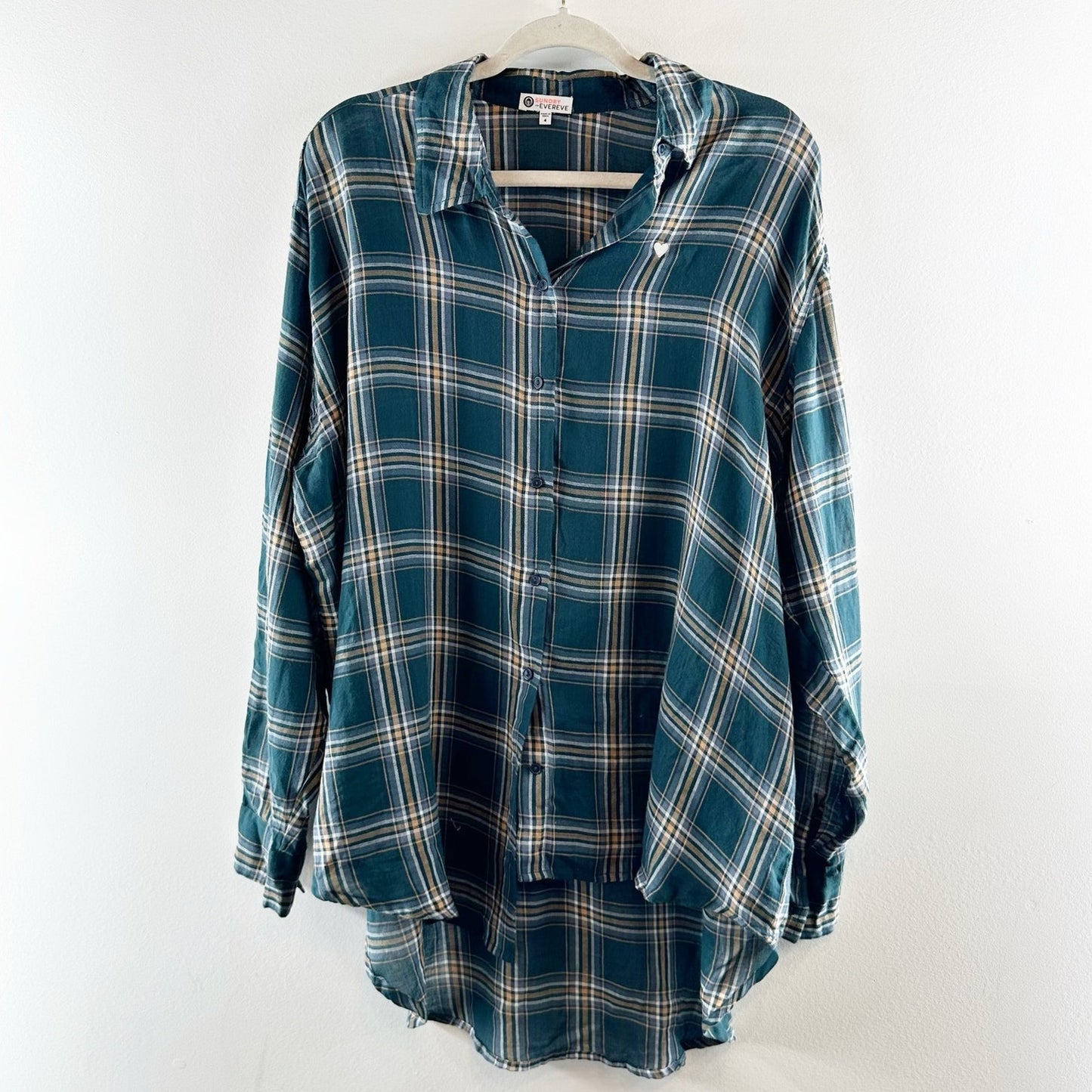 Sundry Evereve Heart Plaid Long Sleeve Hi-Low Button Down Shirt Pine Green XL