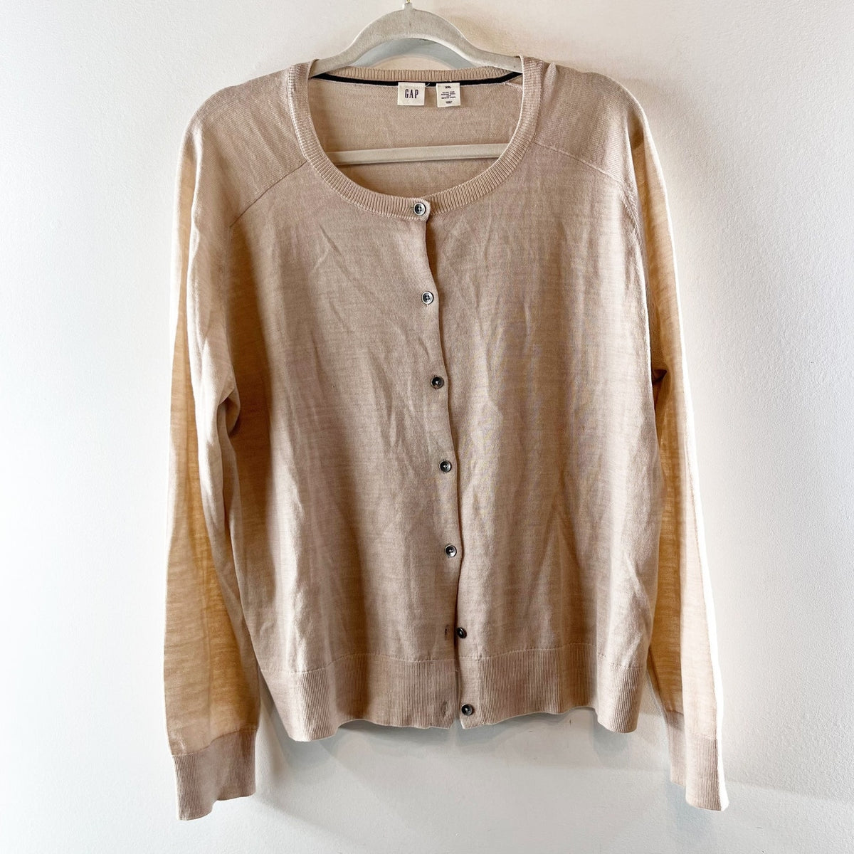 GAP Merino Wool Crewneck Long Sleeve Cardigan Sweater Oatmeal Heather Tan XXL
