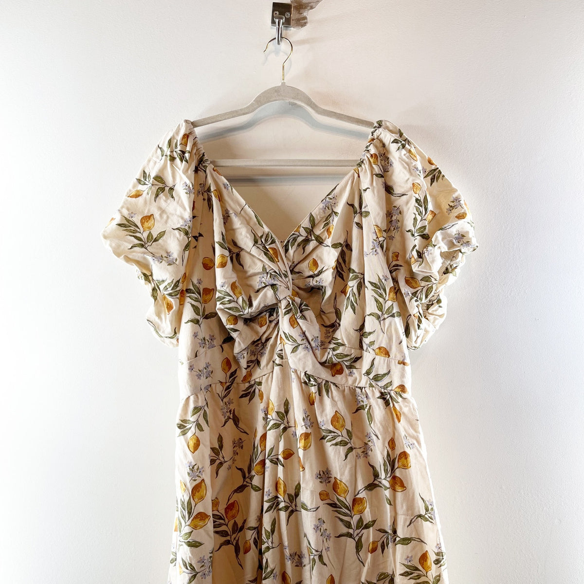 LEA Lemon Print Puff Sleeve Twist Front Smocked Maxi Dress Beige Yellow 2X