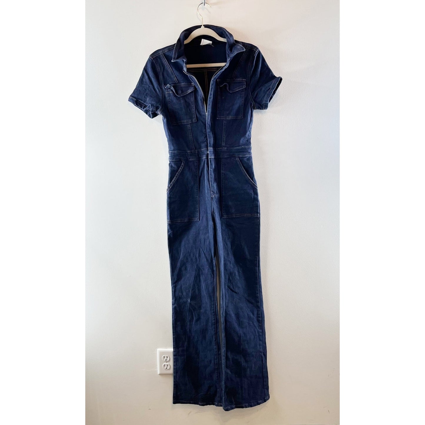 Bobbles & Lace Short Sleeve Utility Flare One Piece Denim Jumpsuit Blue Small