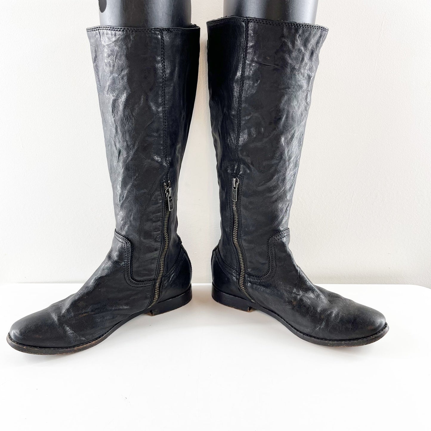 FRYE Anna Round Toe Flat Leather Riding Equestrian Knee High Boots Black 8