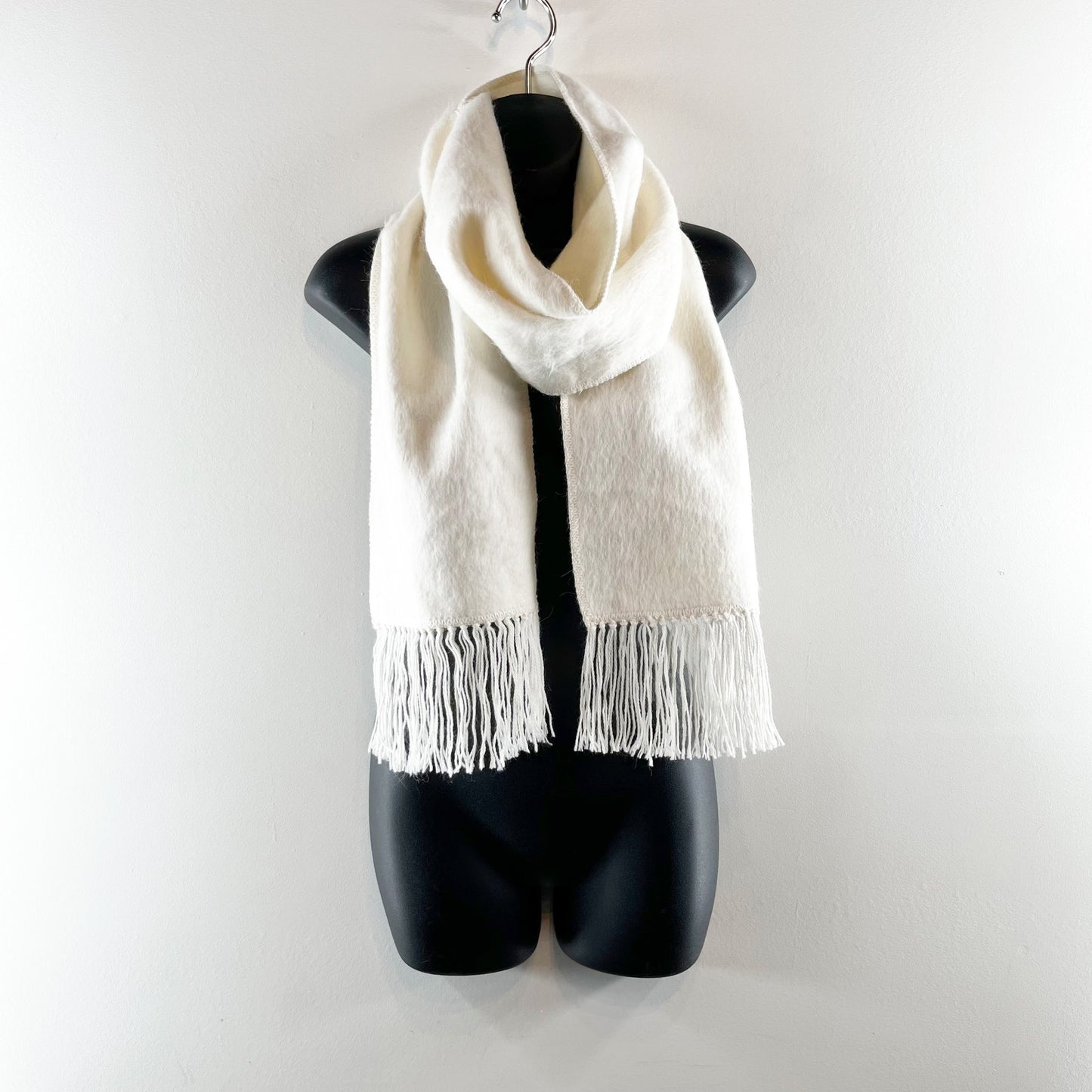 Alpaca Wool Fringe Trim Wrap Scarf Cream White Ivory