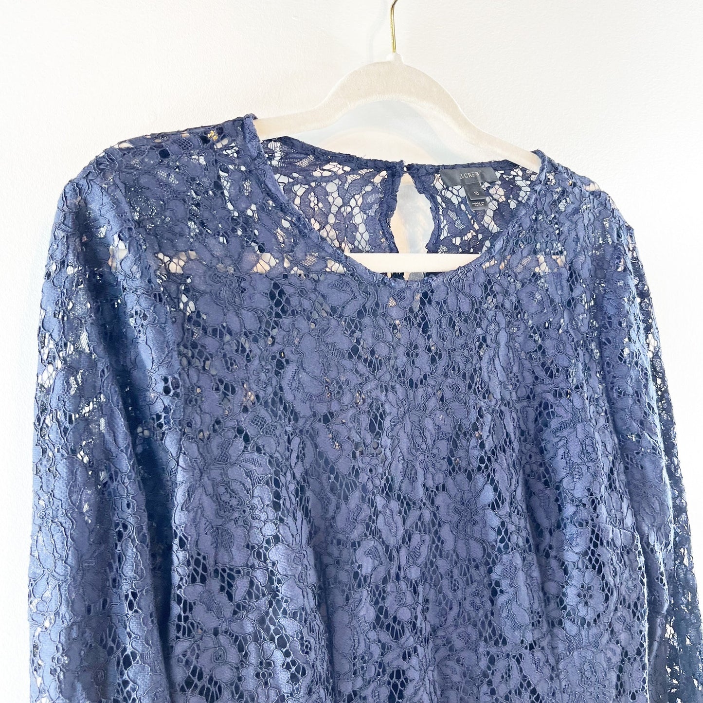 J. Crew Inner Removable Sheer Tank Long Sleeve Frayed Floral Lace Blouse Blue 10