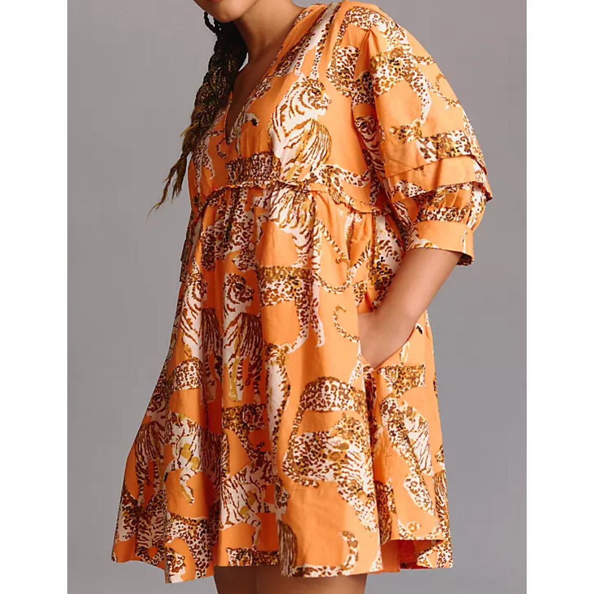 Anthropologie Maeve V-Neck Tunic Dress in Orange Tiger Print Large Petite