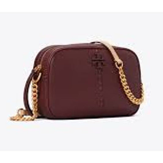 Tory Burch Textured Leather Gold Chain Camera Crossbody Bag Muscadine Maroon