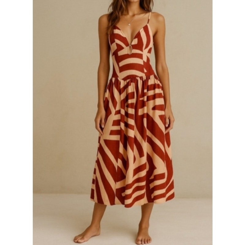 Mon Renn Geometric Cotton Drop Waist Midi Dress Maroon Red Medium