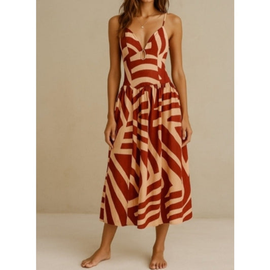 Mon Renn Geometric Cotton Drop Waist Midi Dress Maroon Red Medium