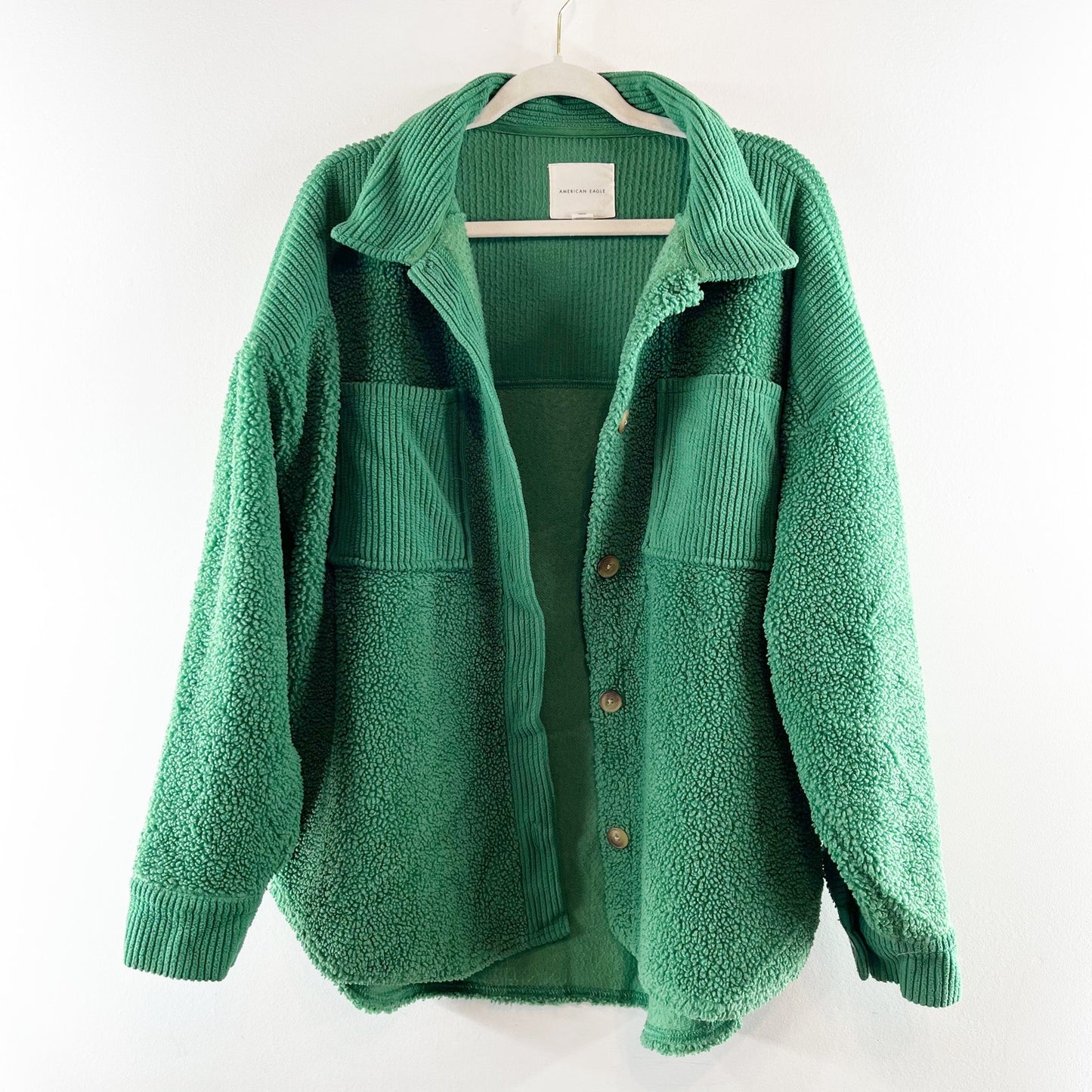 American Eagle Long Sleeve Sherpa Fleece Shirt Jacket Shacket Green Large