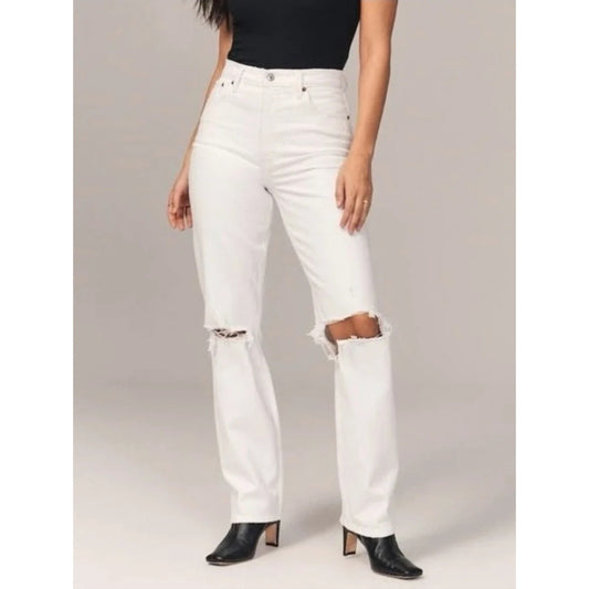 Abercrombie & Fitch The '90s Ultra High Rise Ripped Straight Jeans Cream 30 / 10