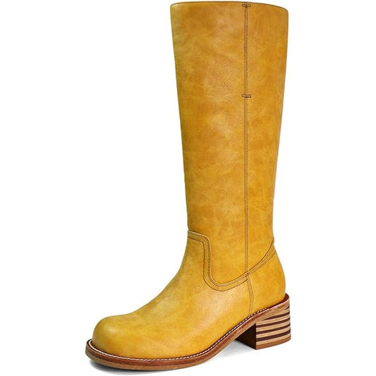 VBDB Knee High Square Toe Chunky Block Heel Boots Banana 7.5