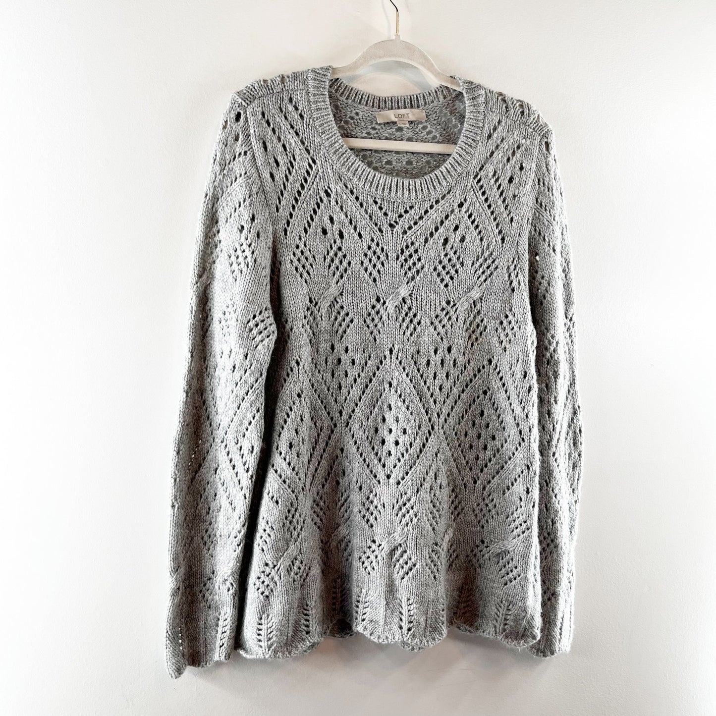LOFT Pointelle Knit Long Sleeve Crewneck Sweater Gray Large