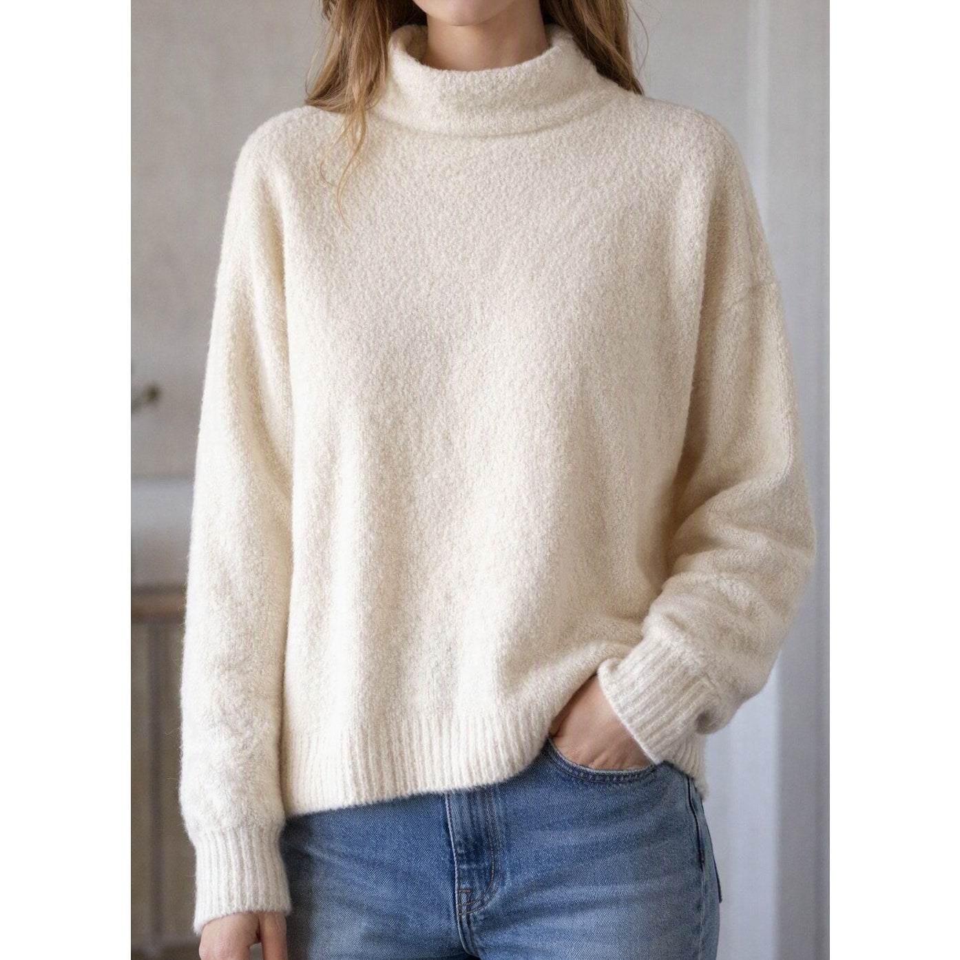 Marled Mock Neck Long Sleeve Nubby Textured Sweater Cream XL
