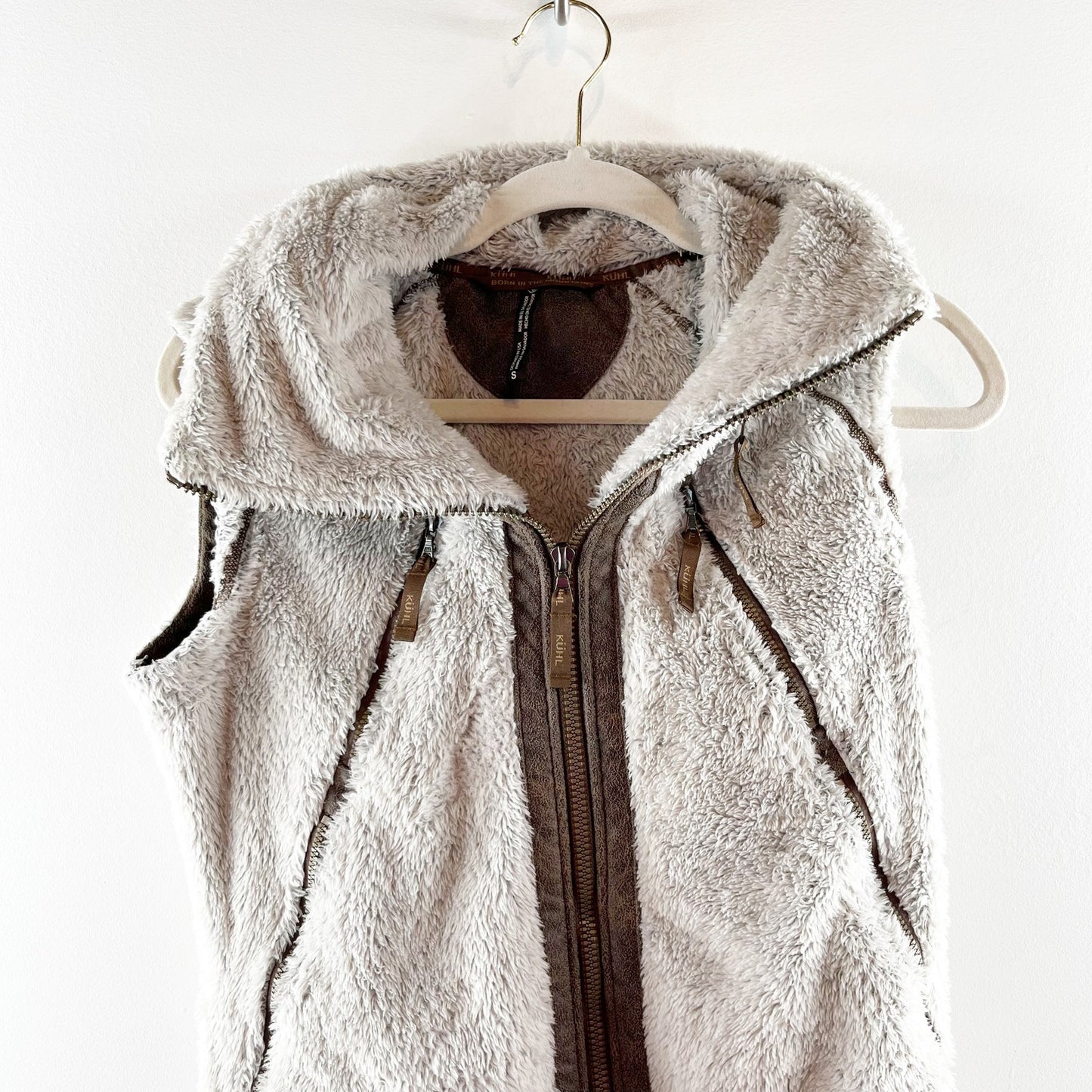 Kuhl Fleece Flight Full Zip Hooded Vest Cream Brown Small