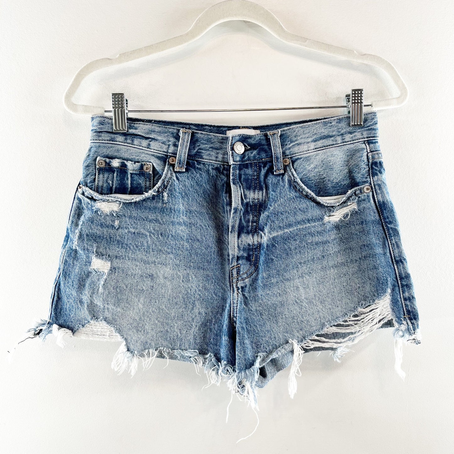 Pistola Nova Relaxed Distressed Cutoff High Rise Button Fly Jean Shorts Blue 27