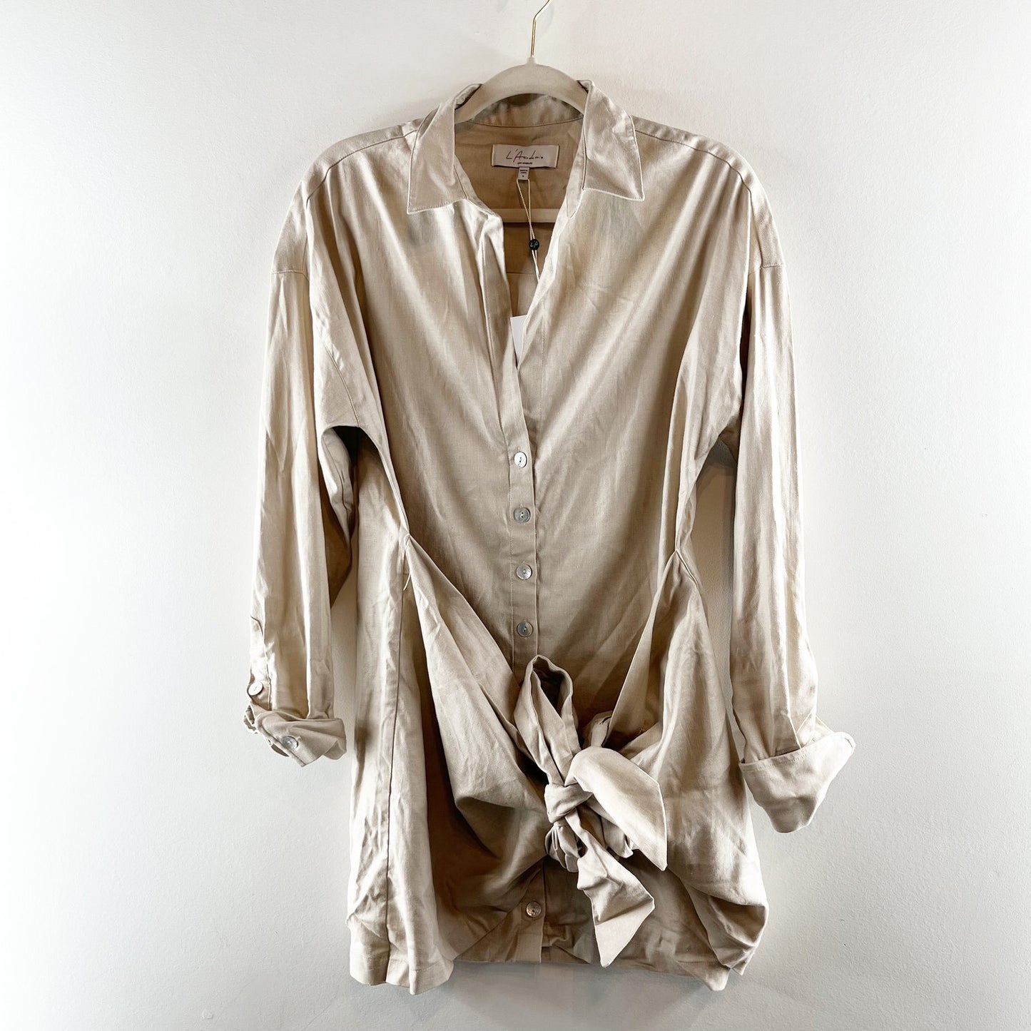 L'Academie Anette Long Sleeve Wrap Poplin Mini Dress Khaki Tan