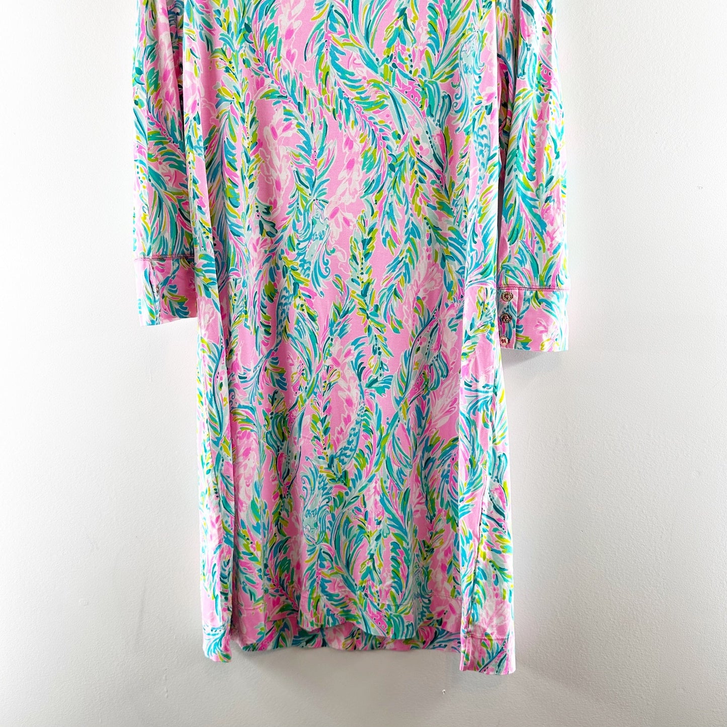 Lilly Pulitzer Sophie 50 UPF 3/4 Sleeve Shift Jersey Mini Dress Blue Pink XL