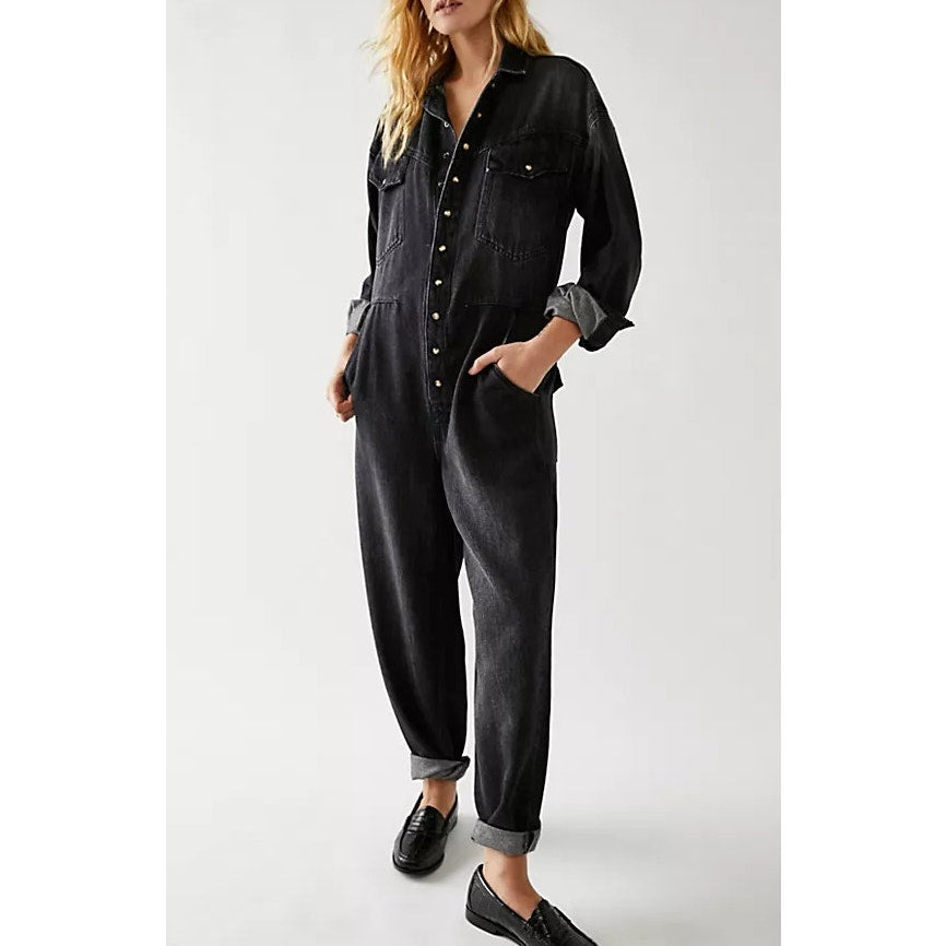 Free People Townes Straight Leg Coverall Jumpsuit Black Denim XS