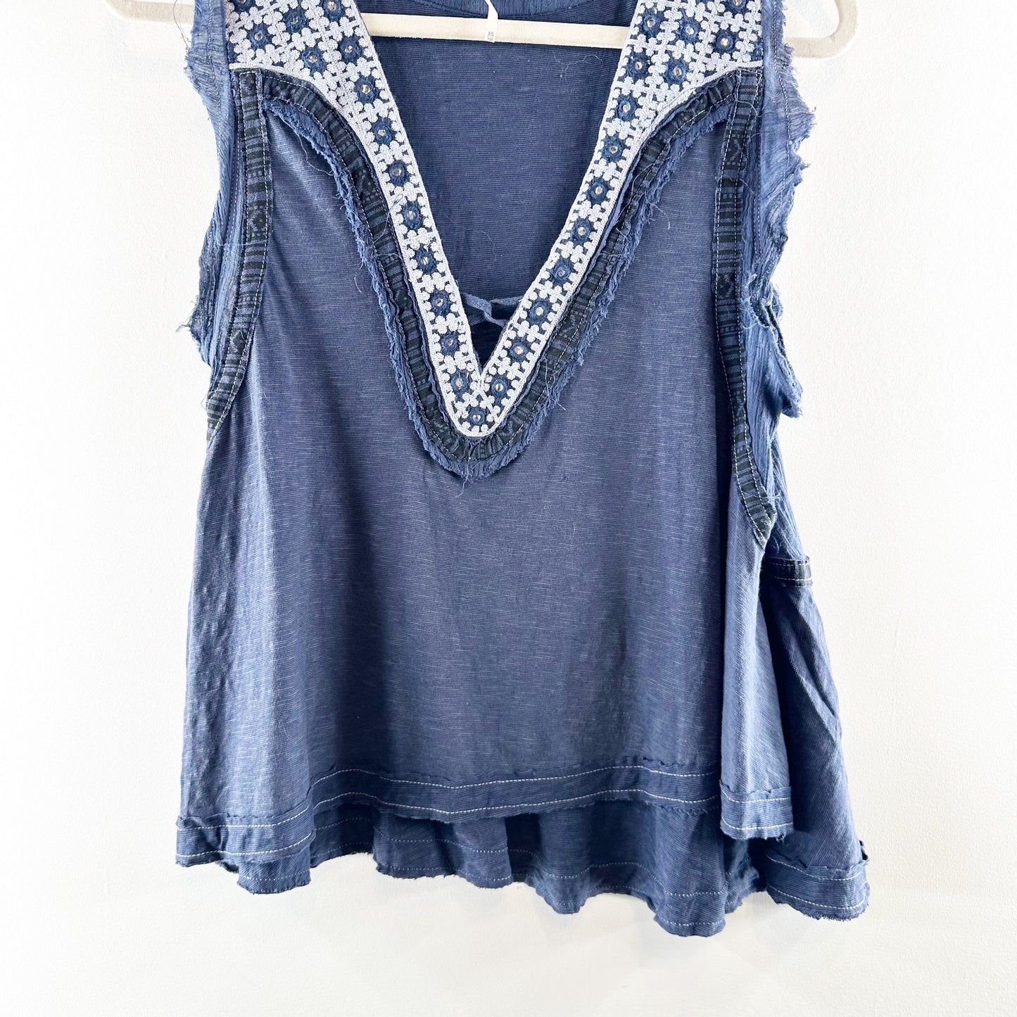 Free People Embroidered Cotton Linen Sleeveless Muscle Tank Top Blue XS