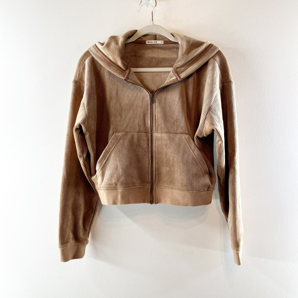 Marine Layer Corded Velour Long Sleeve Full Zip Cropped Hoodie Brown Medium