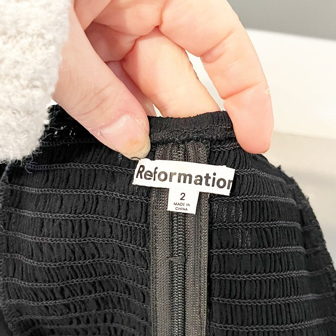 Reformation Delevan Slim Fit Puff Sleeve Lined Smocked Back Top Blouse Black 2