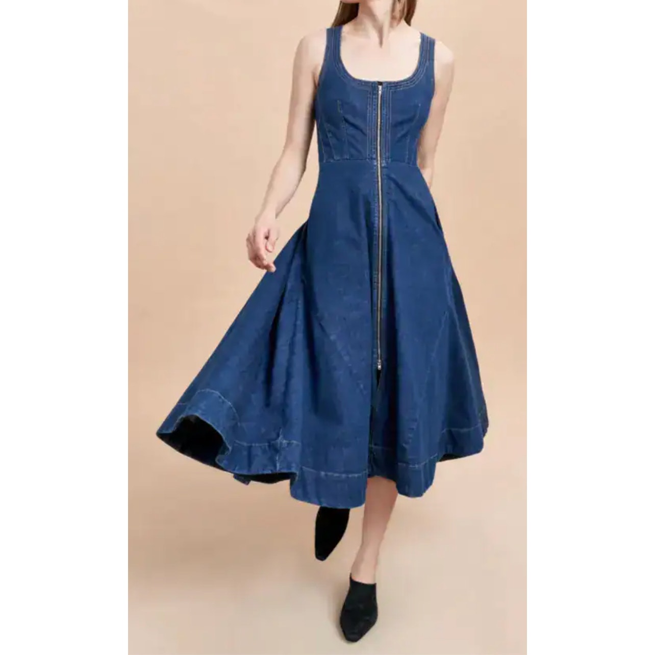 LA LIGNE Selby Sleeveless Scoop Neck Zip Up A-Line Maxi Dress Blue Medium