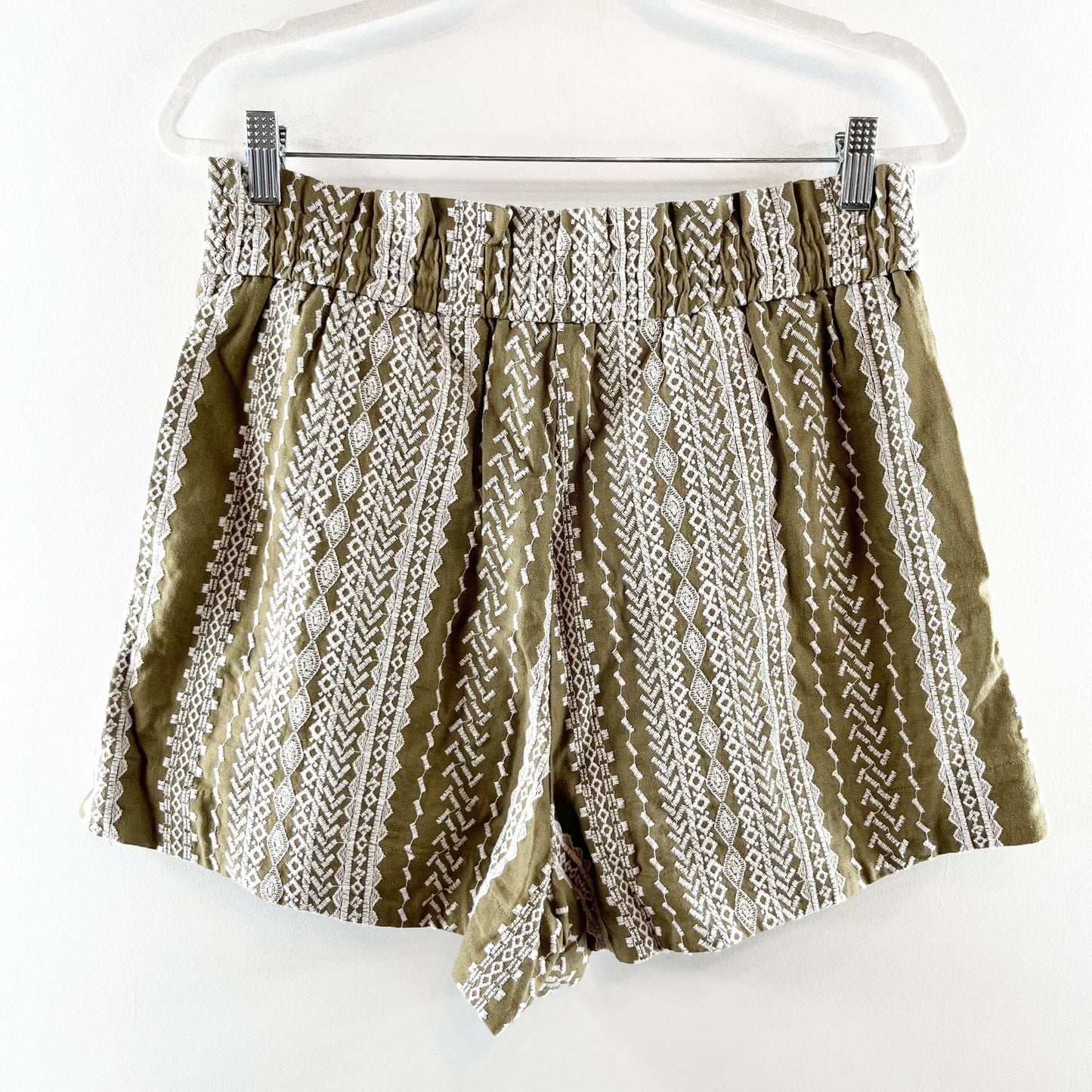 House of Harlow Linen High Rise Embroidered Boho Shorts Green Medium