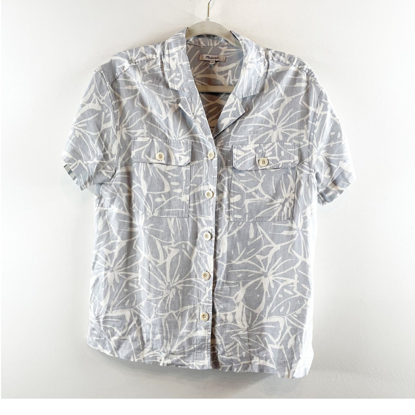 Madewell Linen-Blend Camp Short Sleeve Shirt in Abstract Flora Blue White Small