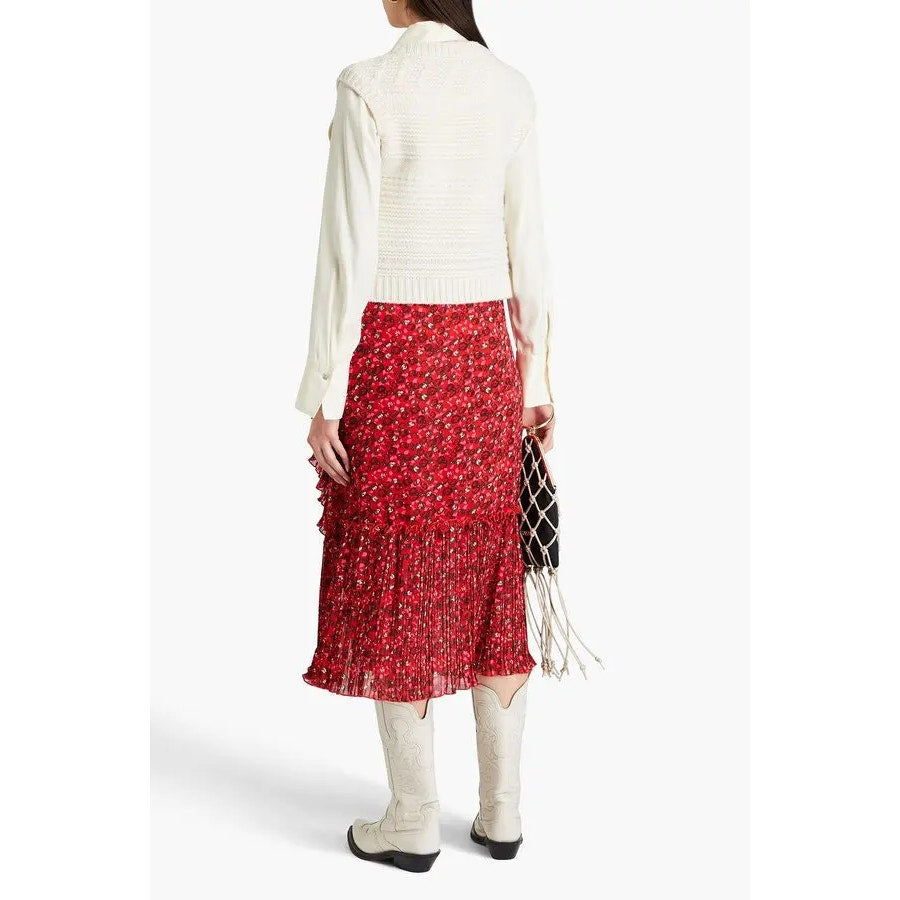 Ganni Pleated Floral-Print Crepe Side Slit Ruffle Trim Midi Skirt Red 34