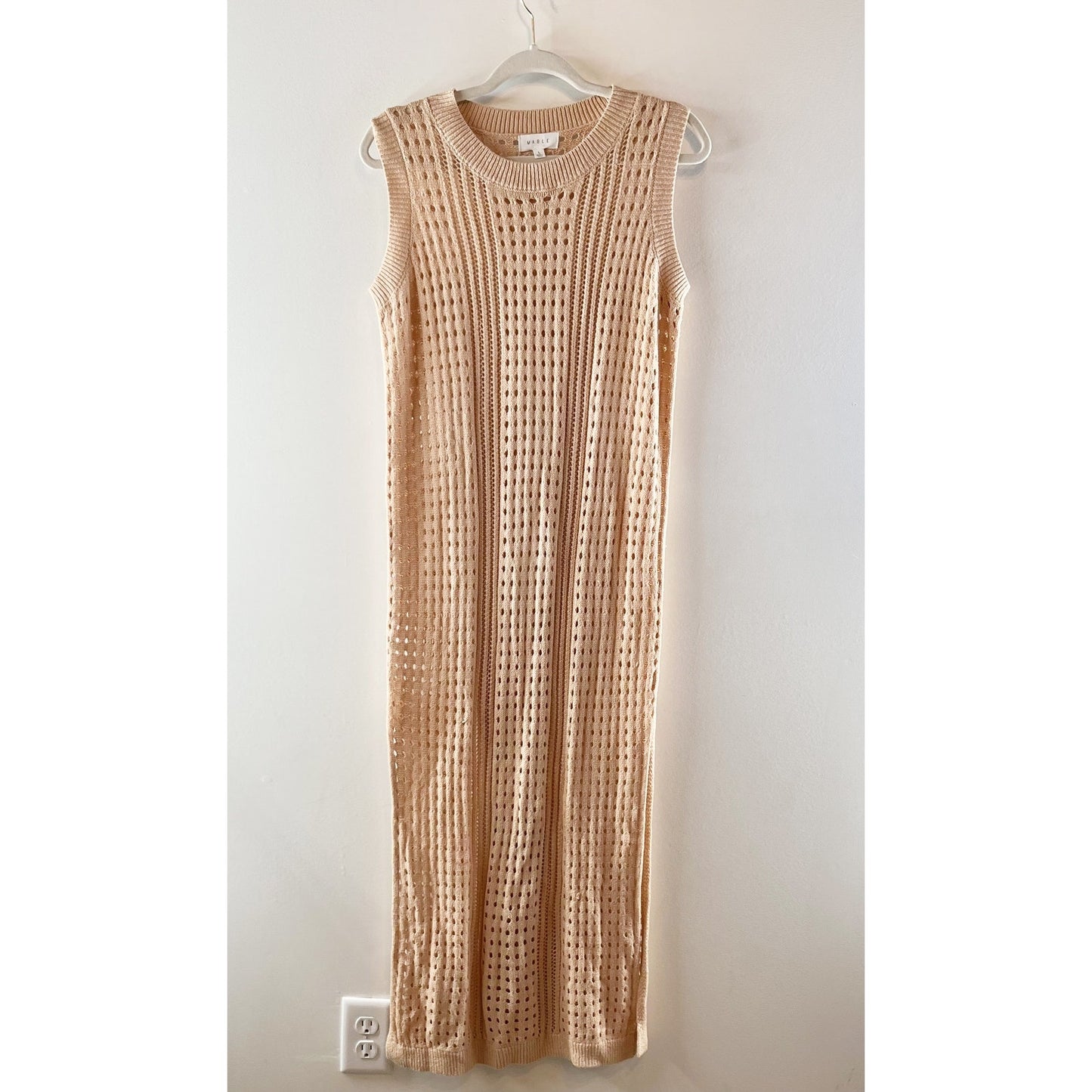 Mable Sleeveless Crochet Cover Up Midi Dress Tan Beige Large