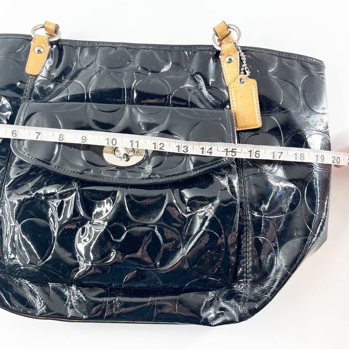 Coach Leah Black Embossed Patent Leather Signature Tote Handbag Purse