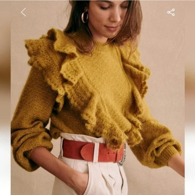 Sezane Elsa Ruffle Jumper Wool Blend Sweater Pullover Mustard Yellow Small