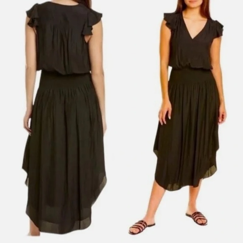 Ramy Brook Wrenn Flutter Sleve Smocked Waist Midi Dress Black Medium