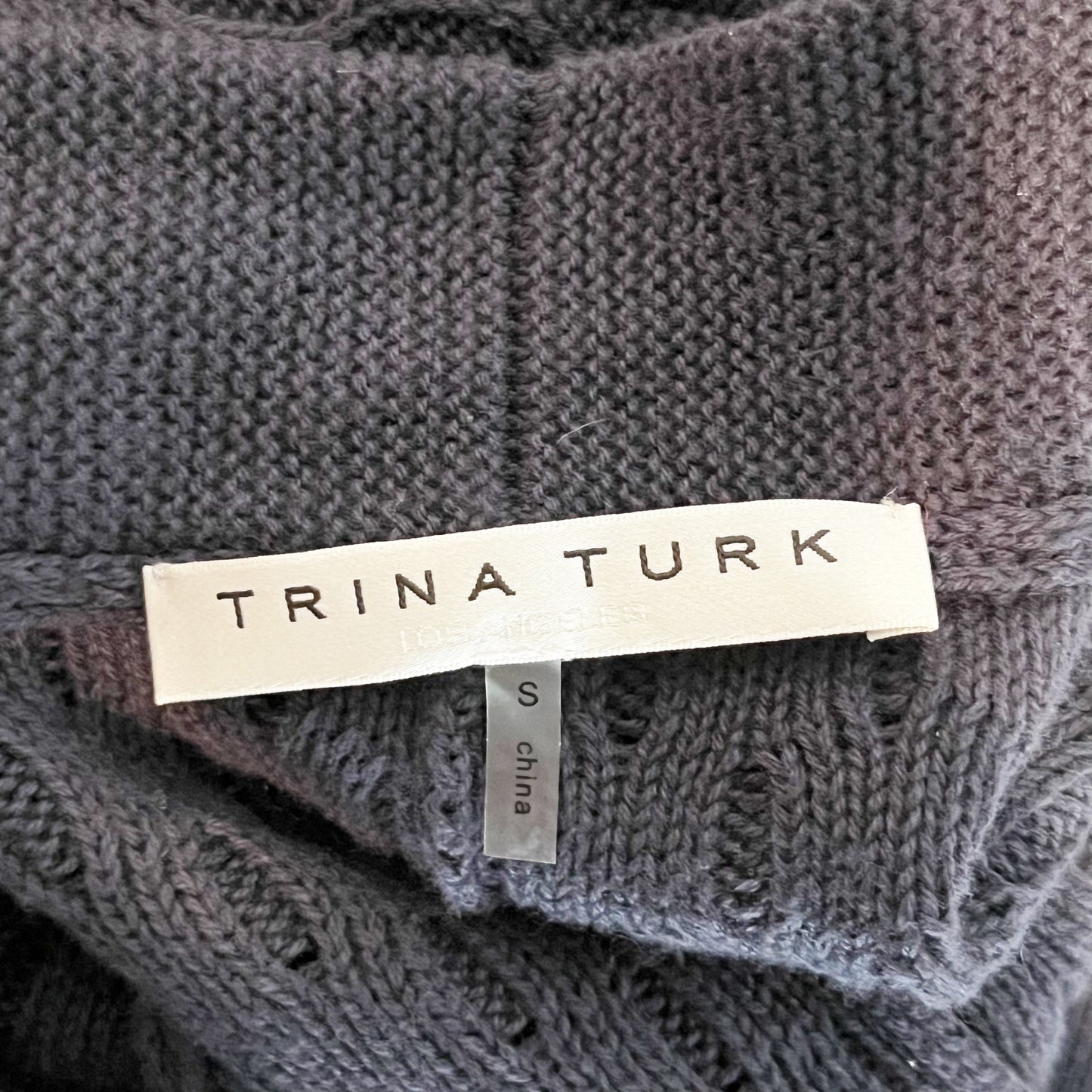 Trina Turk 100% Cotton Honeycomb Tie Front Knit Poncho Sweaters Navy Blue Small