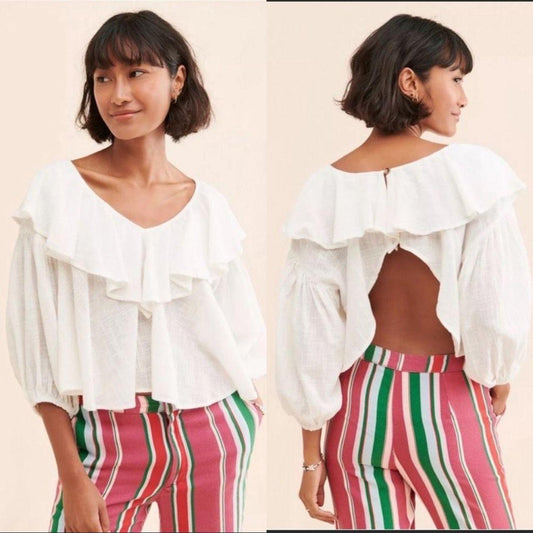 Free People Zuri Ruffle Trim 3/4 Sleeve Open Back Cropped Blouse Top Ivory Small