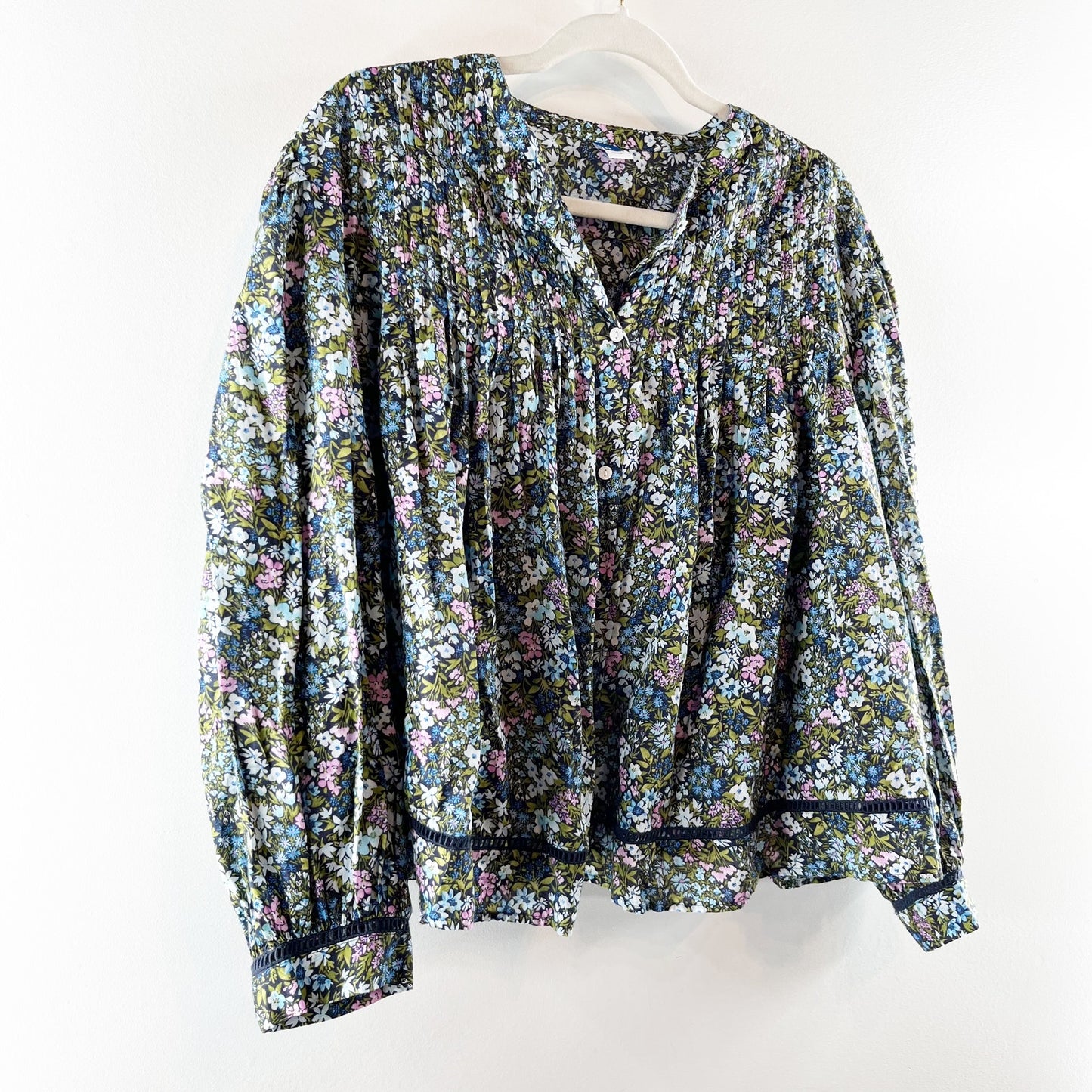 Old Navy Pintucked Cropped Boxy Long Sleeve Floral Blouse Shirt Blue Green 2X