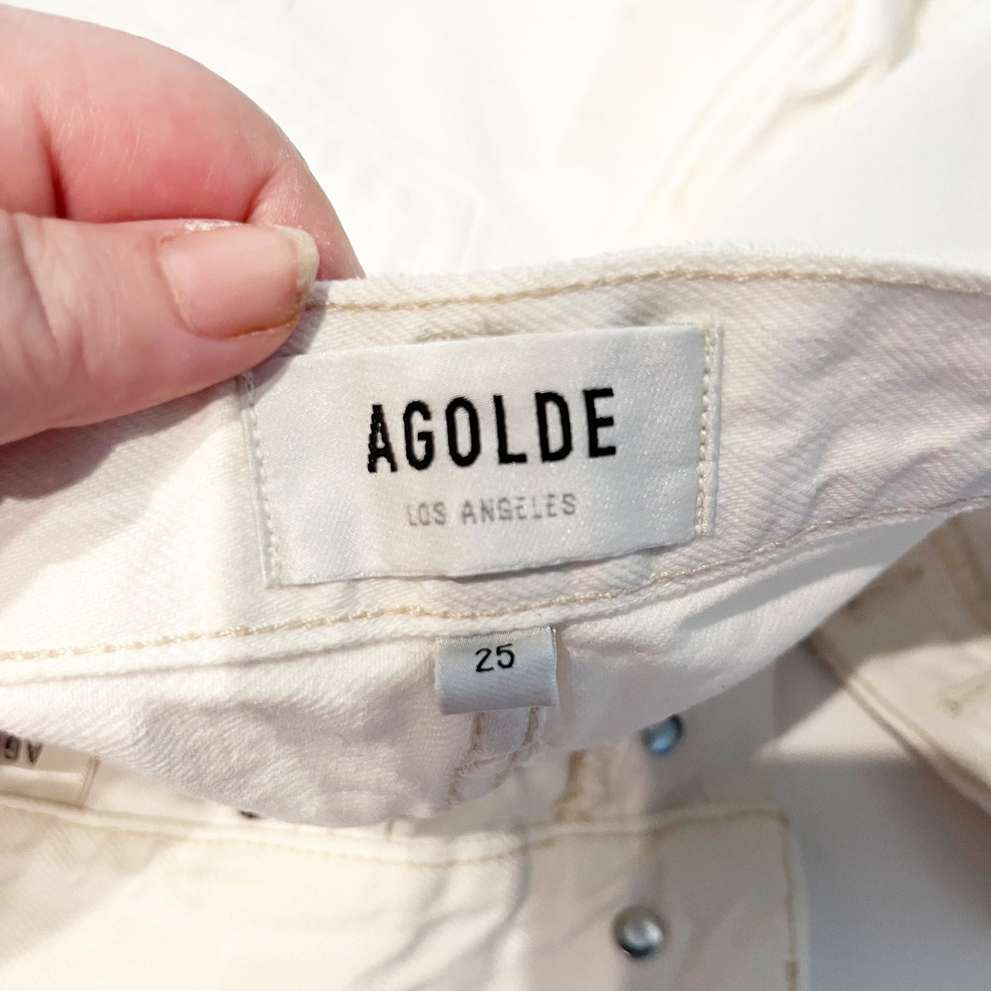 Agolde Parker High Waisted Button-Fly Denim Long Jean Short Panna Cotta 25