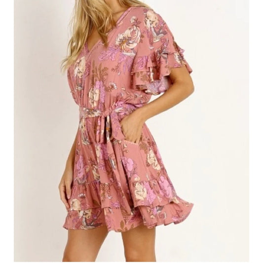 Spell and The Gypsy Rosa Play Short Sleeve Floral Belted Mini Dress Blush Pink S