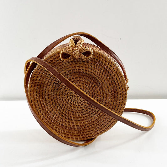 Handwoven Crossbody Palm Straw Rattan Roundie Boho Bag with Leather Strap