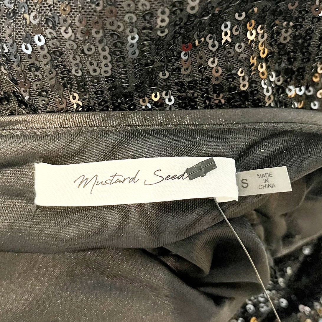 Mustard Seed Long Sleeve Ruched Tie Waist Bubble Hem Sequin Top Black Small