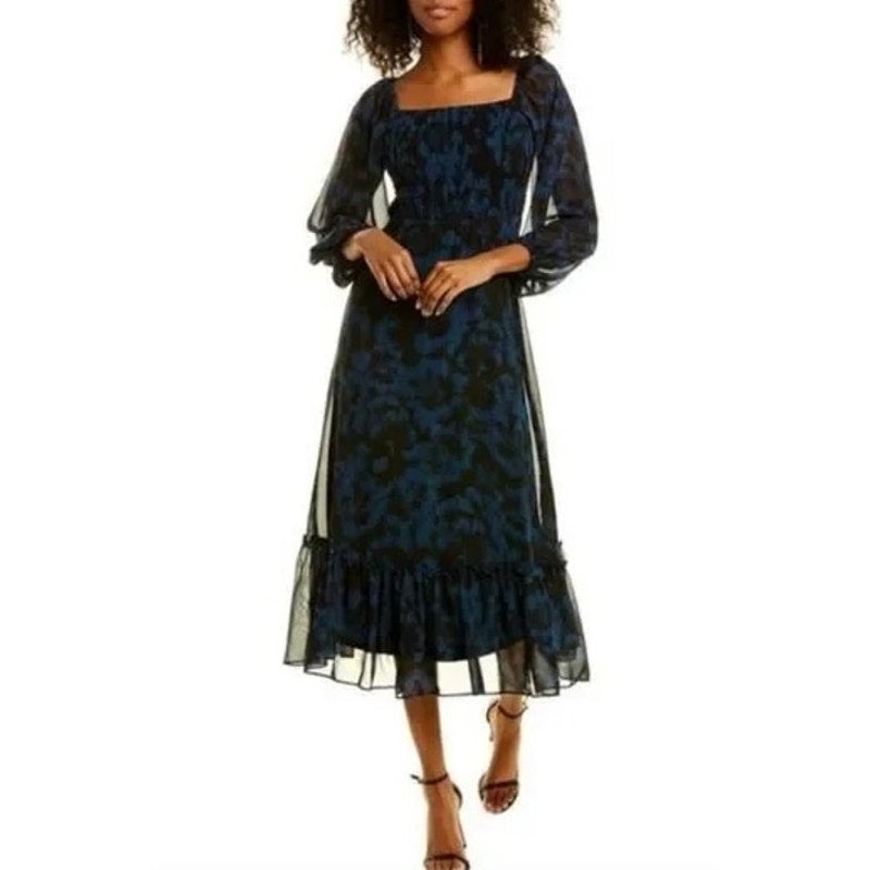 Just Taylor Smocked Bodice Long Sheer Sleeve Floral Midi Dress Blue Large