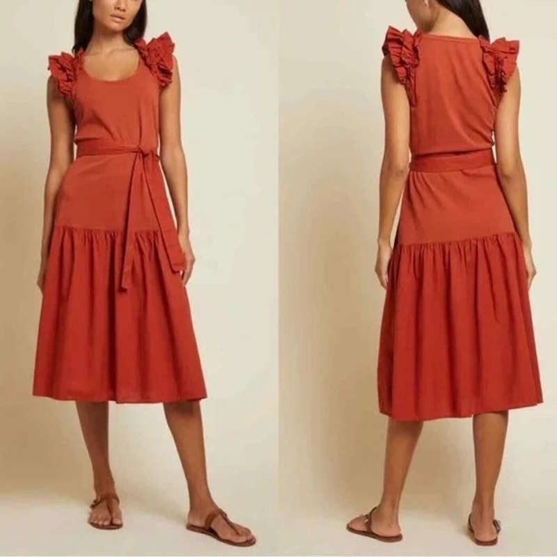 Nation LTD Everly Frilly Ruffle Strap Tiered Cotton Midi Dress Cayene Red Small