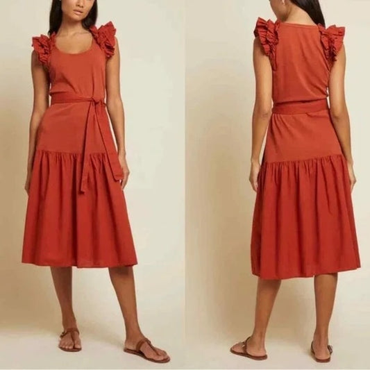 Nation LTD Everly Frilly Ruffle Strap Tiered Cotton Midi Dress Cayene Red Small